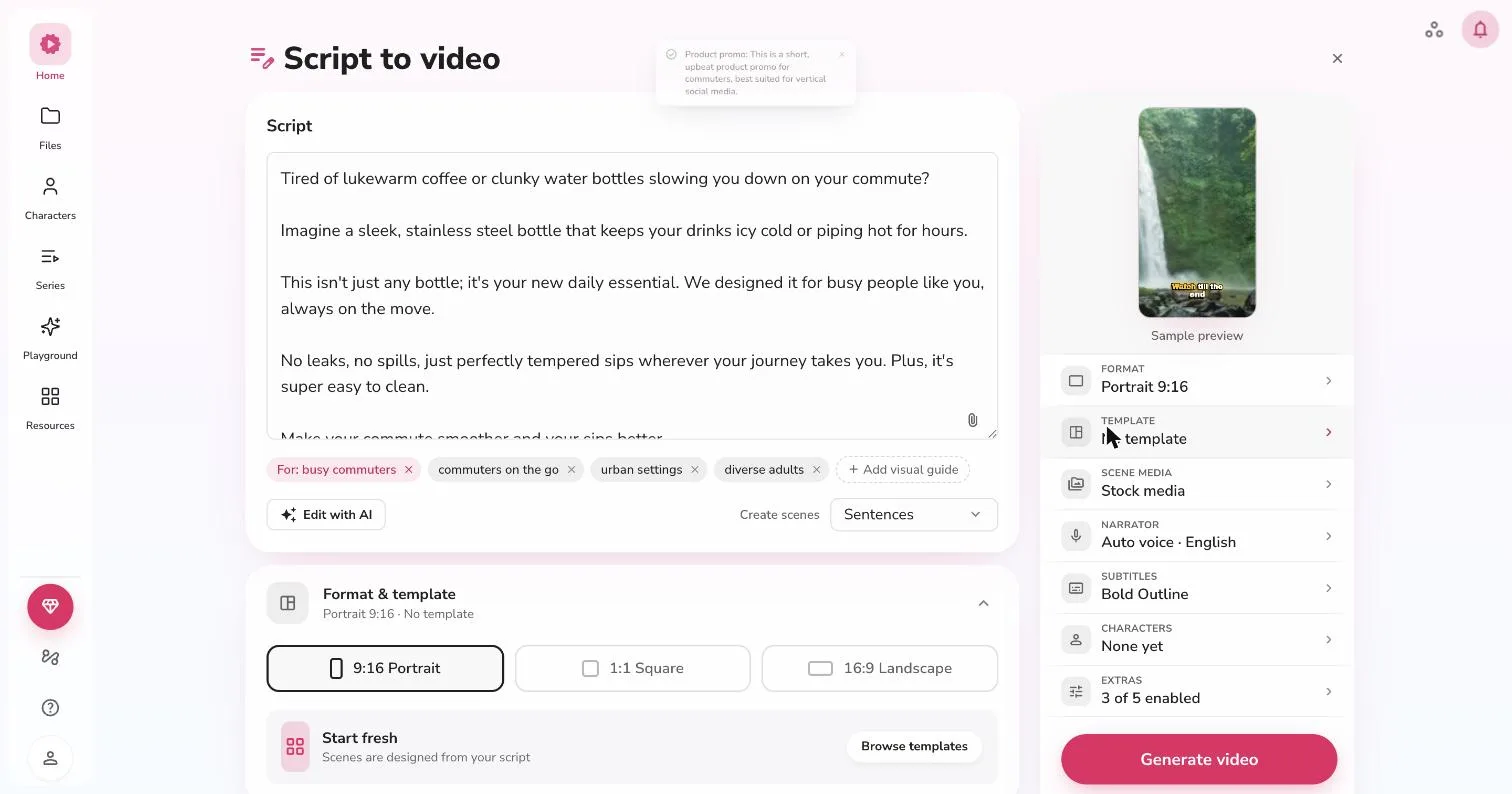 Fliki's script-to-video setup screen showing the pasted script alongside format, template, narrator voice, and subtitle controls